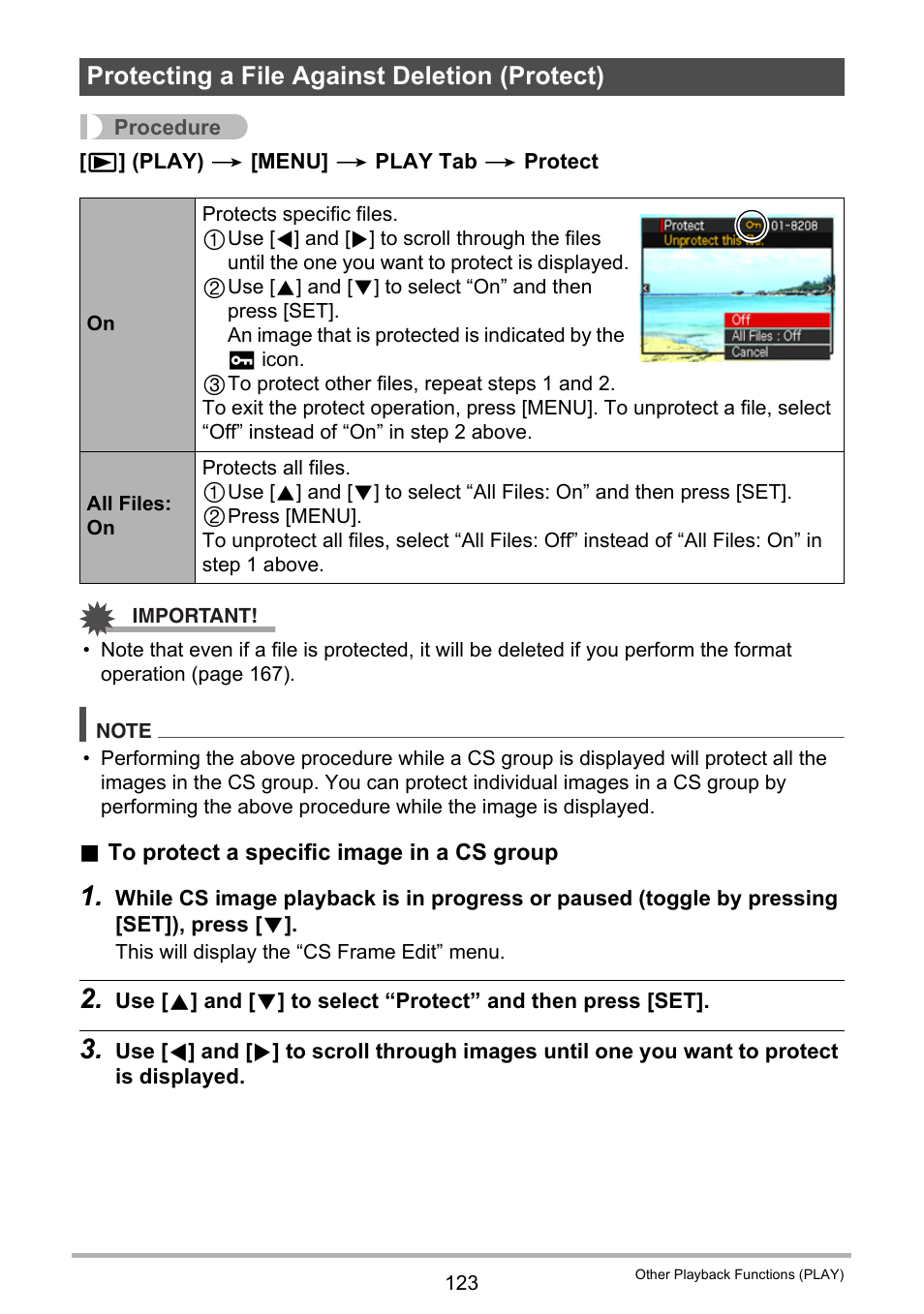 Protecting a file against deletion (protect) | Casio EX-ZR300 User Manual | Page 123 / 197