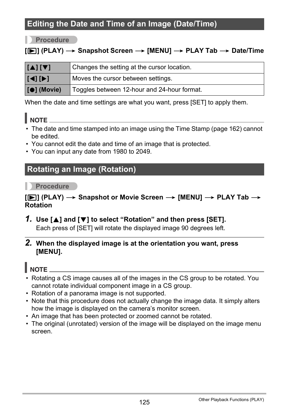 Editing the date and time of an image (date/time), Rotating an image (rotation) | Casio EX-ZR300 User Manual | Page 125 / 197