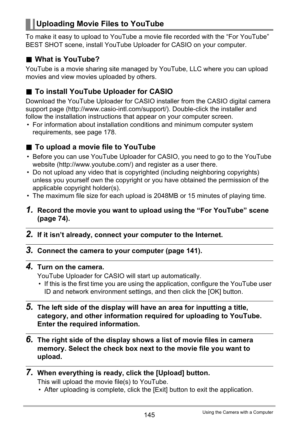 Uploading movie files to youtube | Casio EX-ZR300 User Manual | Page 145 / 197