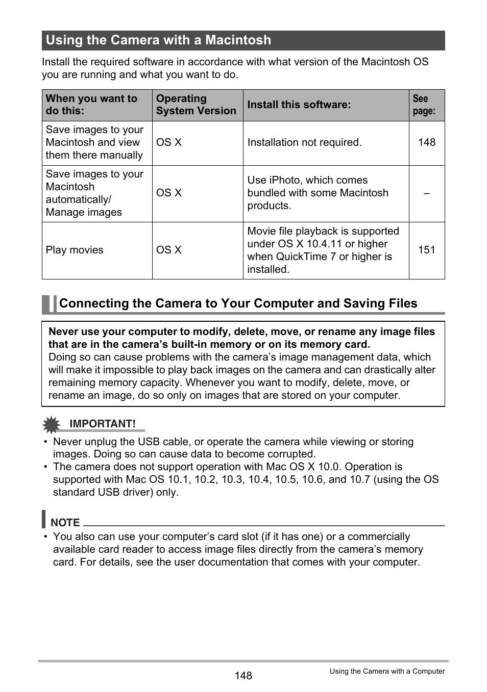 Using the camera with a macintosh | Casio EX-ZR300 User Manual | Page 148 / 197