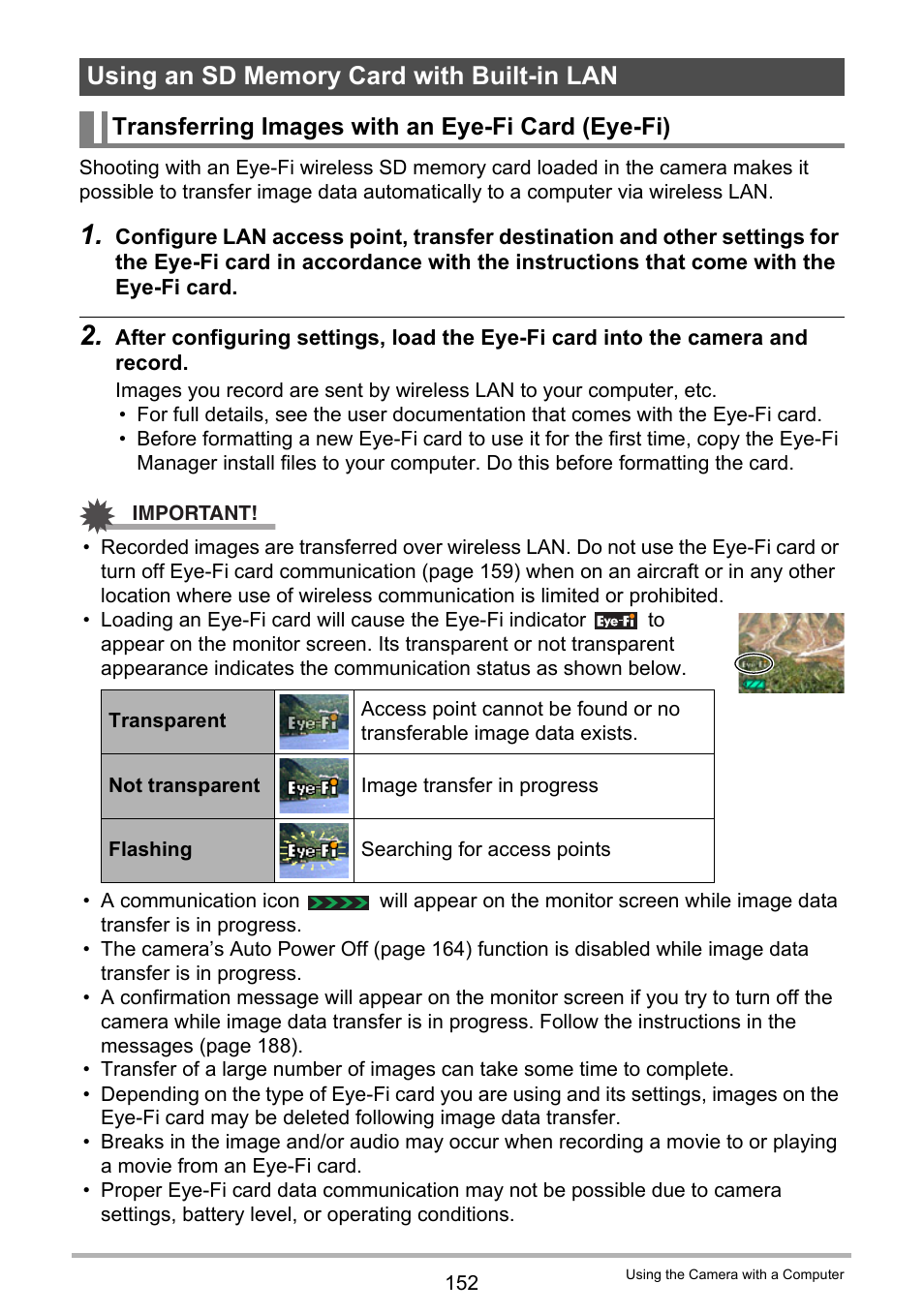 Using an sd memory card with built-in lan, Transferring images with an eye-fi card (eye-fi) | Casio EX-ZR300 User Manual | Page 152 / 197