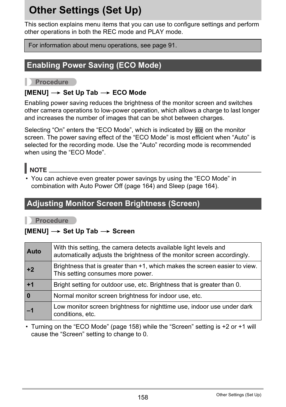 Other settings (set up), Enabling power saving (eco mode), Adjusting monitor screen brightness (screen) | Other settings, Set up) 158 | Casio EX-ZR300 User Manual | Page 158 / 197