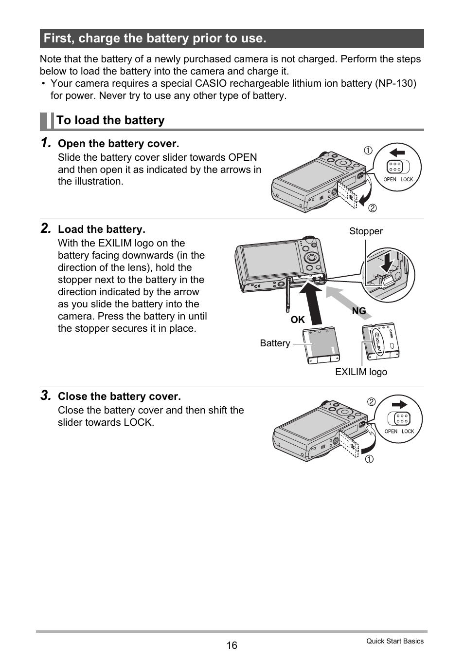 First, charge the battery prior to use, To load the battery | Casio EX-ZR300 User Manual | Page 16 / 197