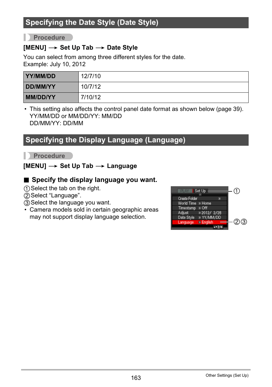 Specifying the date style (date style), Specifying the display language (language), E 163). n | E 163) | Casio EX-ZR300 User Manual | Page 163 / 197