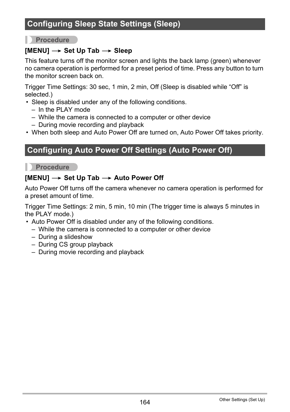 Configuring sleep state settings (sleep), Age 164) | Casio EX-ZR300 User Manual | Page 164 / 197