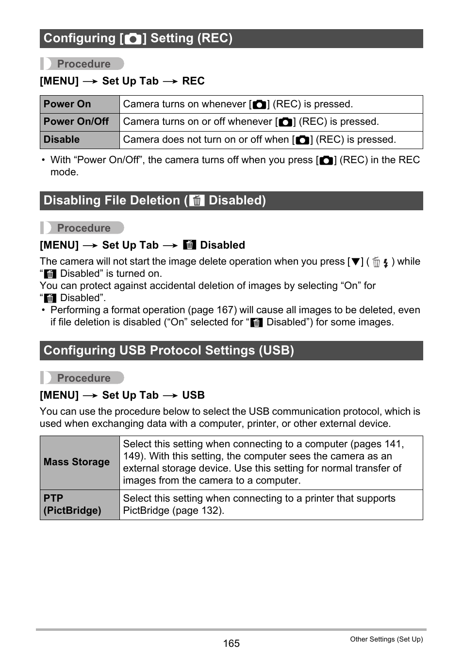 Configuring [_] setting (rec), Disabling file deletion (_ disabled), Configuring usb protocol settings (usb) | Configuring [ r ] setting (rec), Disabling file deletion ( ü, Disabled) configuring usb protocol settings (usb) | Casio EX-ZR300 User Manual | Page 165 / 197