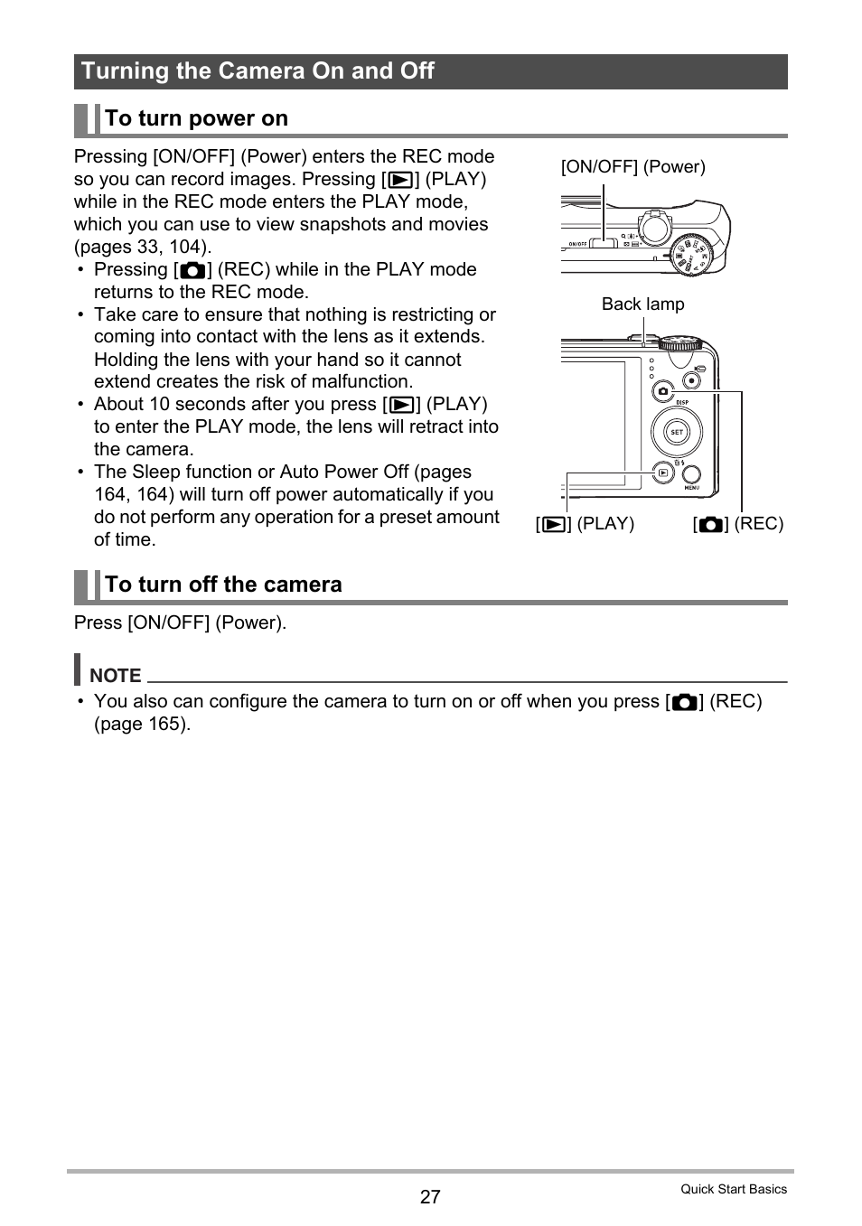 Turning the camera on and off, To turn power on, To turn off the camera | Casio EX-ZR300 User Manual | Page 27 / 197