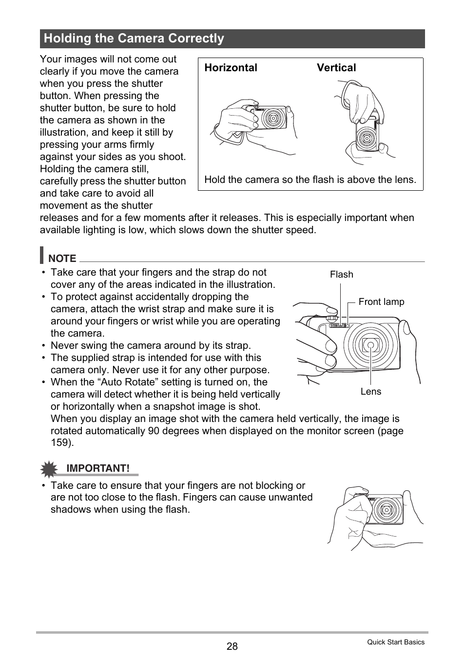 Holding the camera correctly | Casio EX-ZR300 User Manual | Page 28 / 197