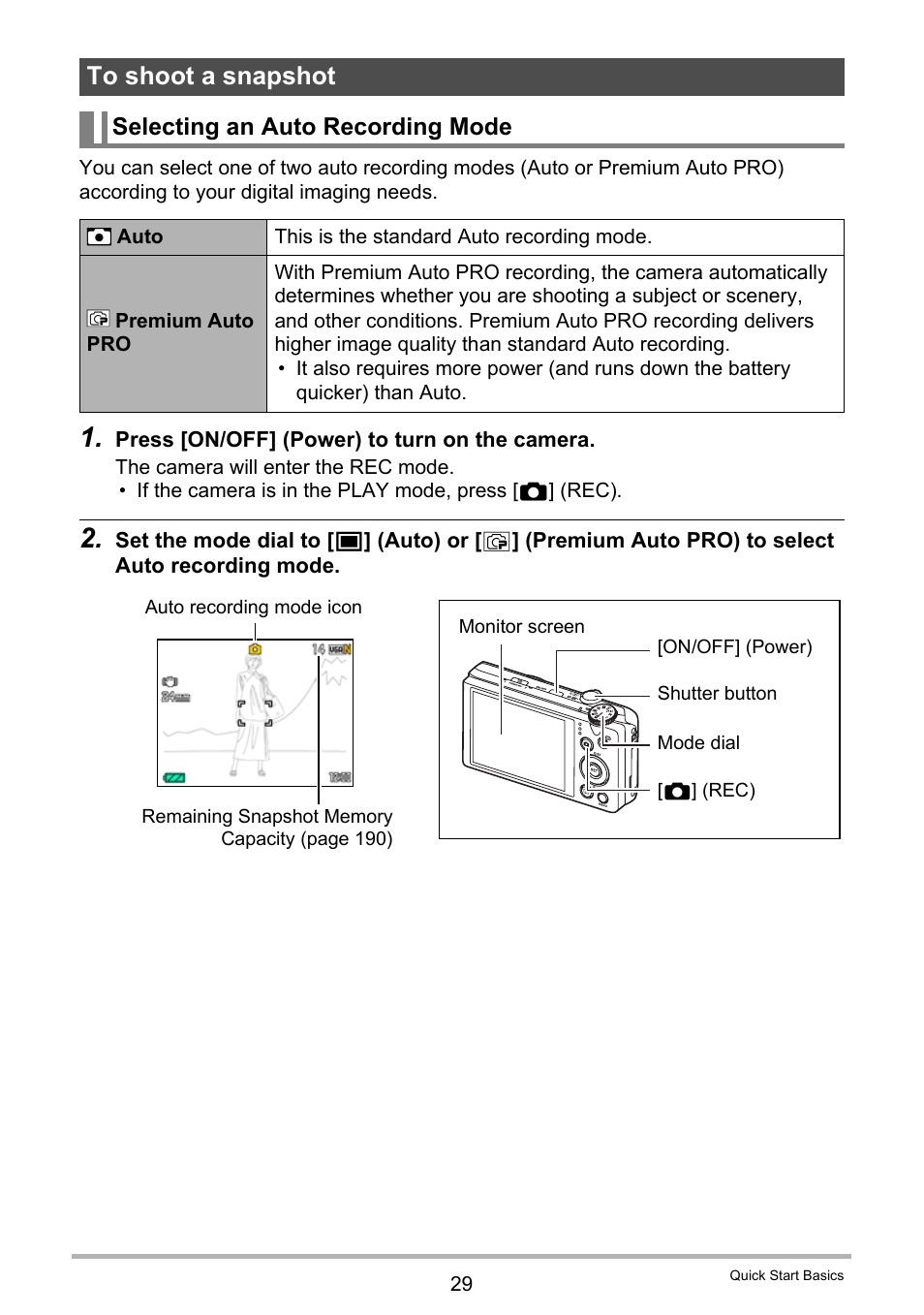 To shoot a snapshot, Selecting an auto recording mode | Casio EX-ZR300 User Manual | Page 29 / 197