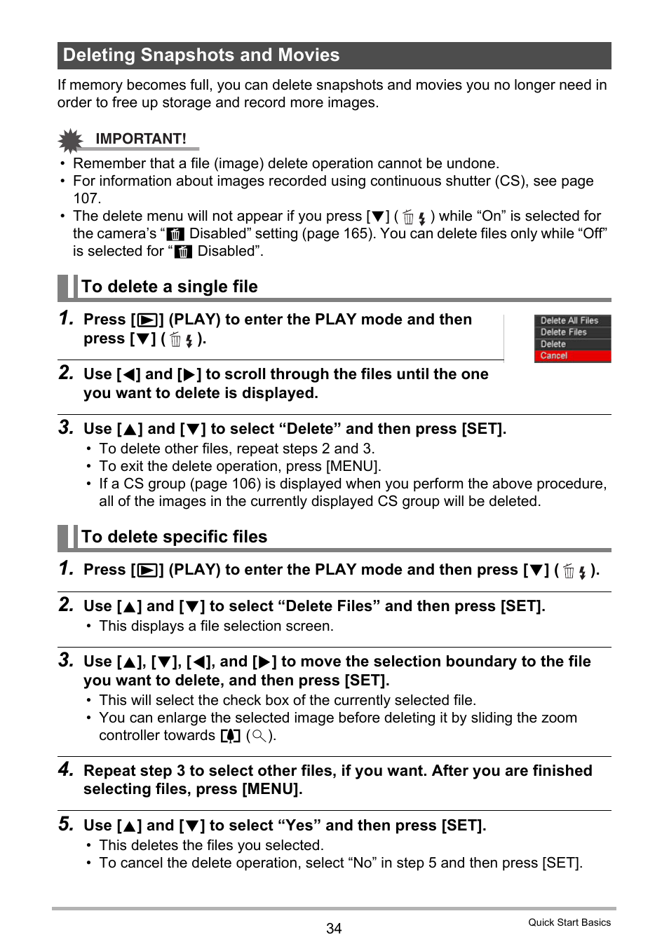 Deleting snapshots and movies, To delete a single file, To delete specific files | Casio EX-ZR300 User Manual | Page 34 / 197