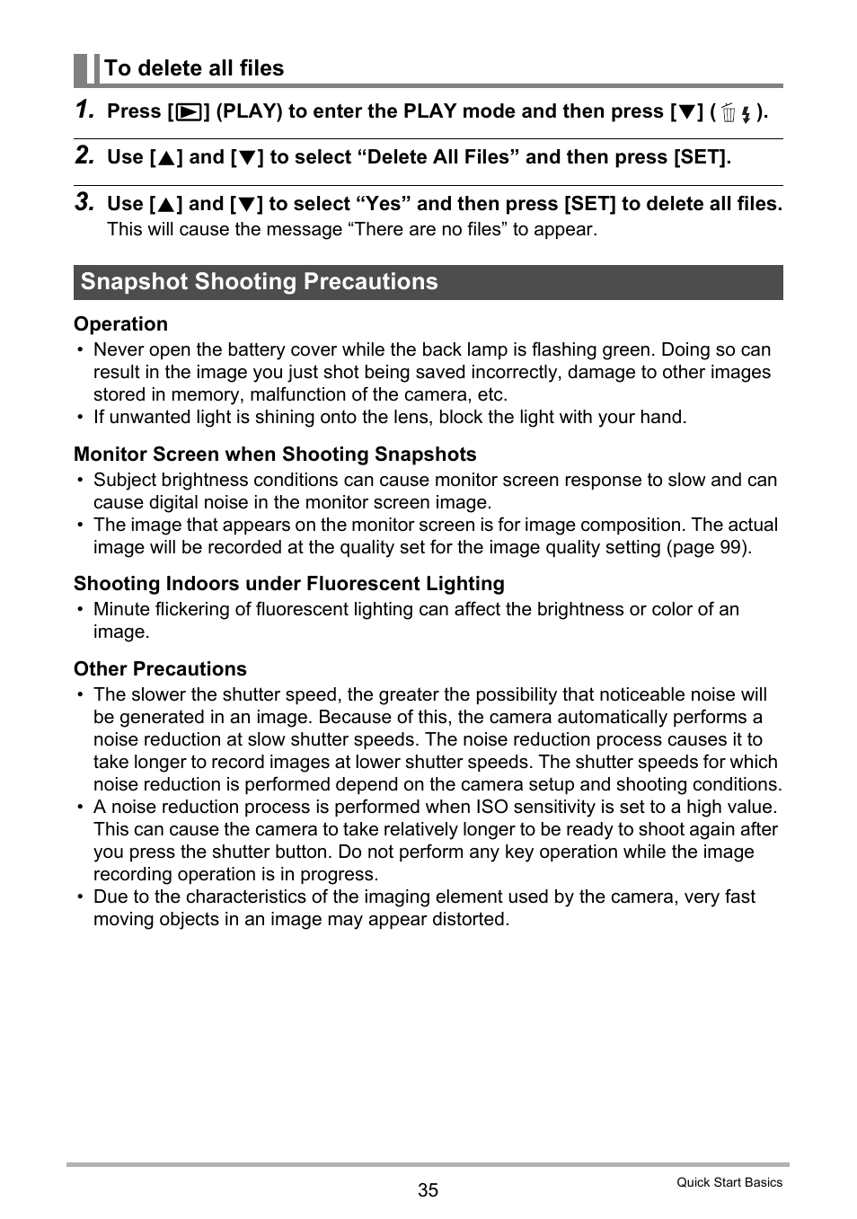 To delete all files, Snapshot shooting precautions | Casio EX-ZR300 User Manual | Page 35 / 197