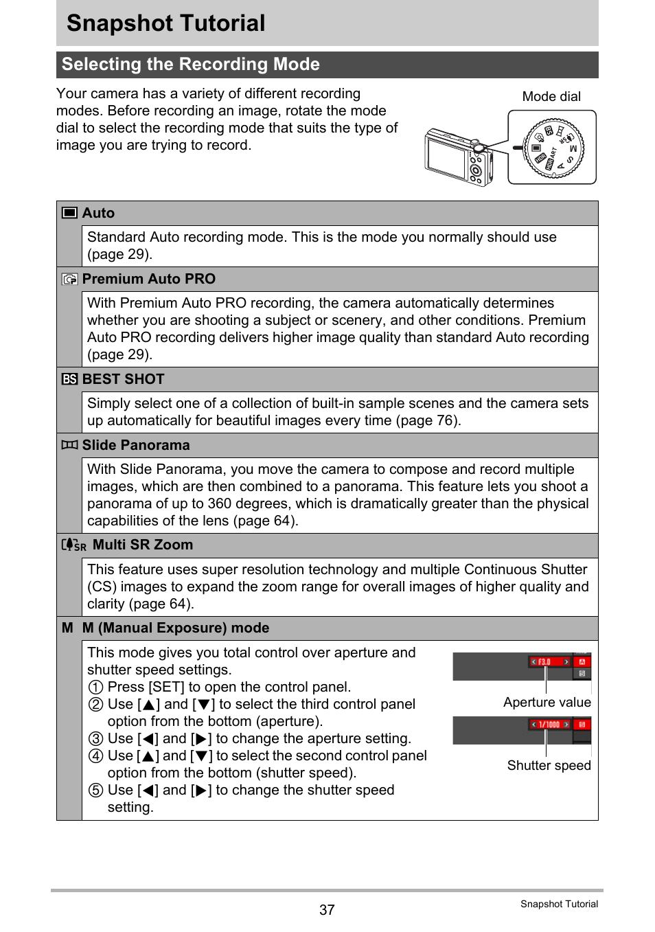 Snapshot tutorial, Selecting the recording mode | Casio EX-ZR300 User Manual | Page 37 / 197