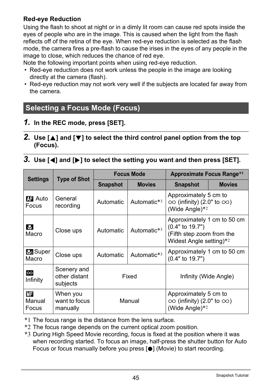 Selecting a focus mode (focus) | Casio EX-ZR300 User Manual | Page 45 / 197