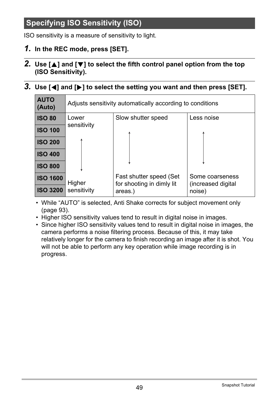 Specifying iso sensitivity (iso) | Casio EX-ZR300 User Manual | Page 49 / 197