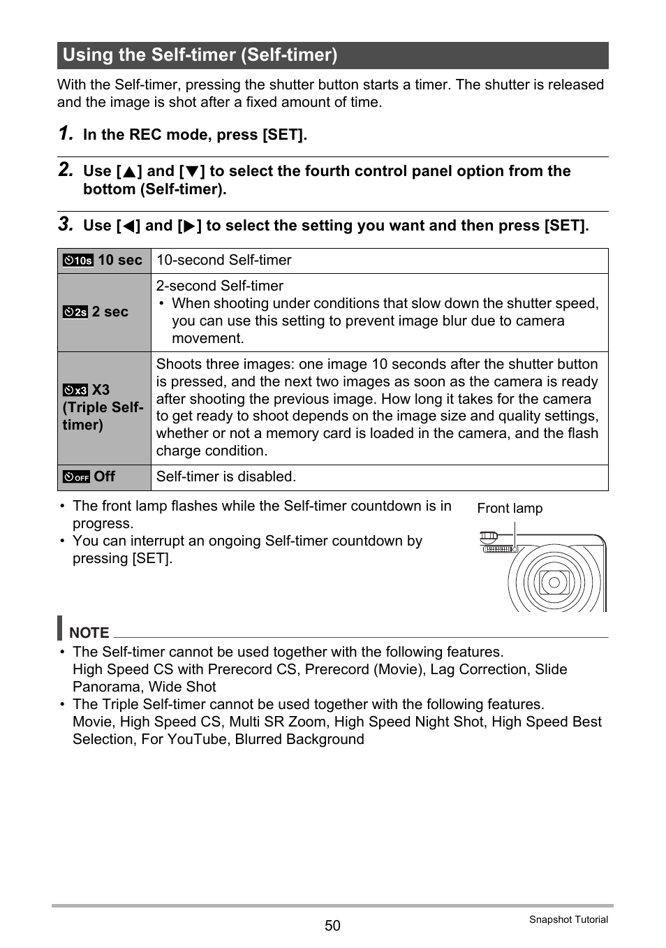 Using the self-timer (self-timer) | Casio EX-ZR300 User Manual | Page 50 / 197