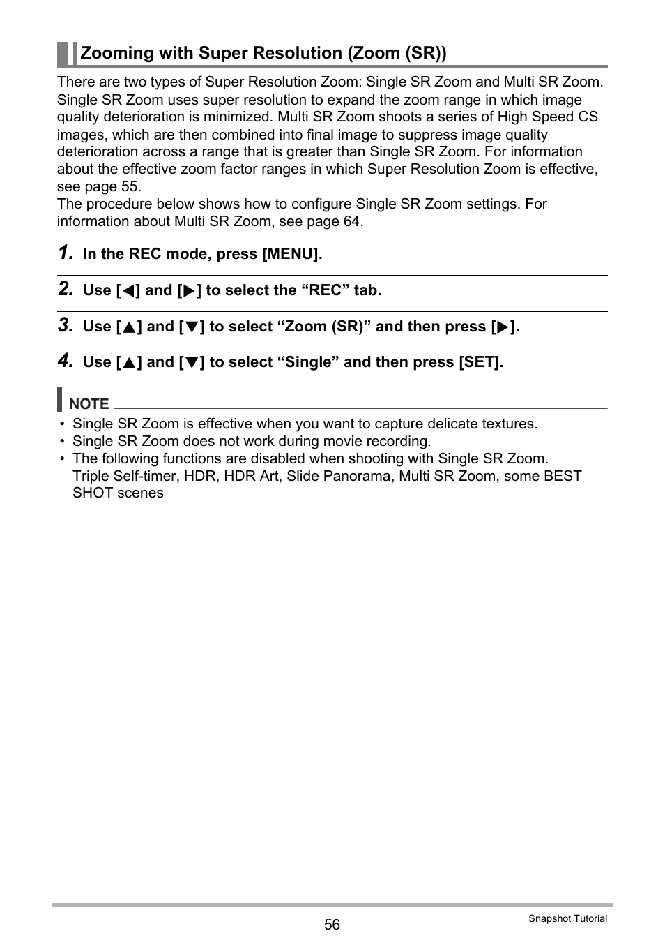 Zooming with super resolution (zoom (sr)) | Casio EX-ZR300 User Manual | Page 56 / 197