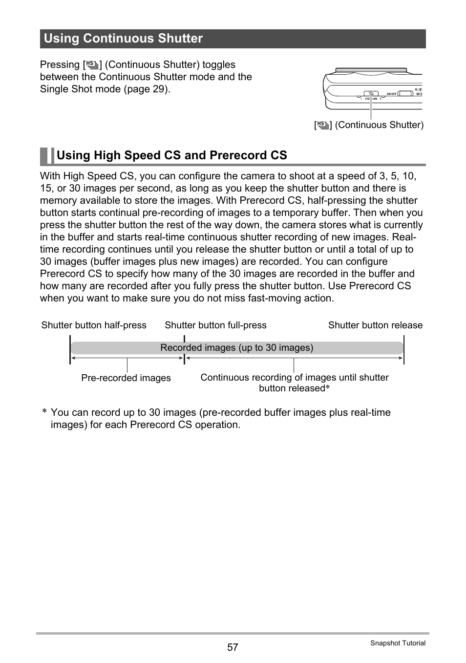 Using continuous shutter, Using high speed cs and prerecord cs | Casio EX-ZR300 User Manual | Page 57 / 197