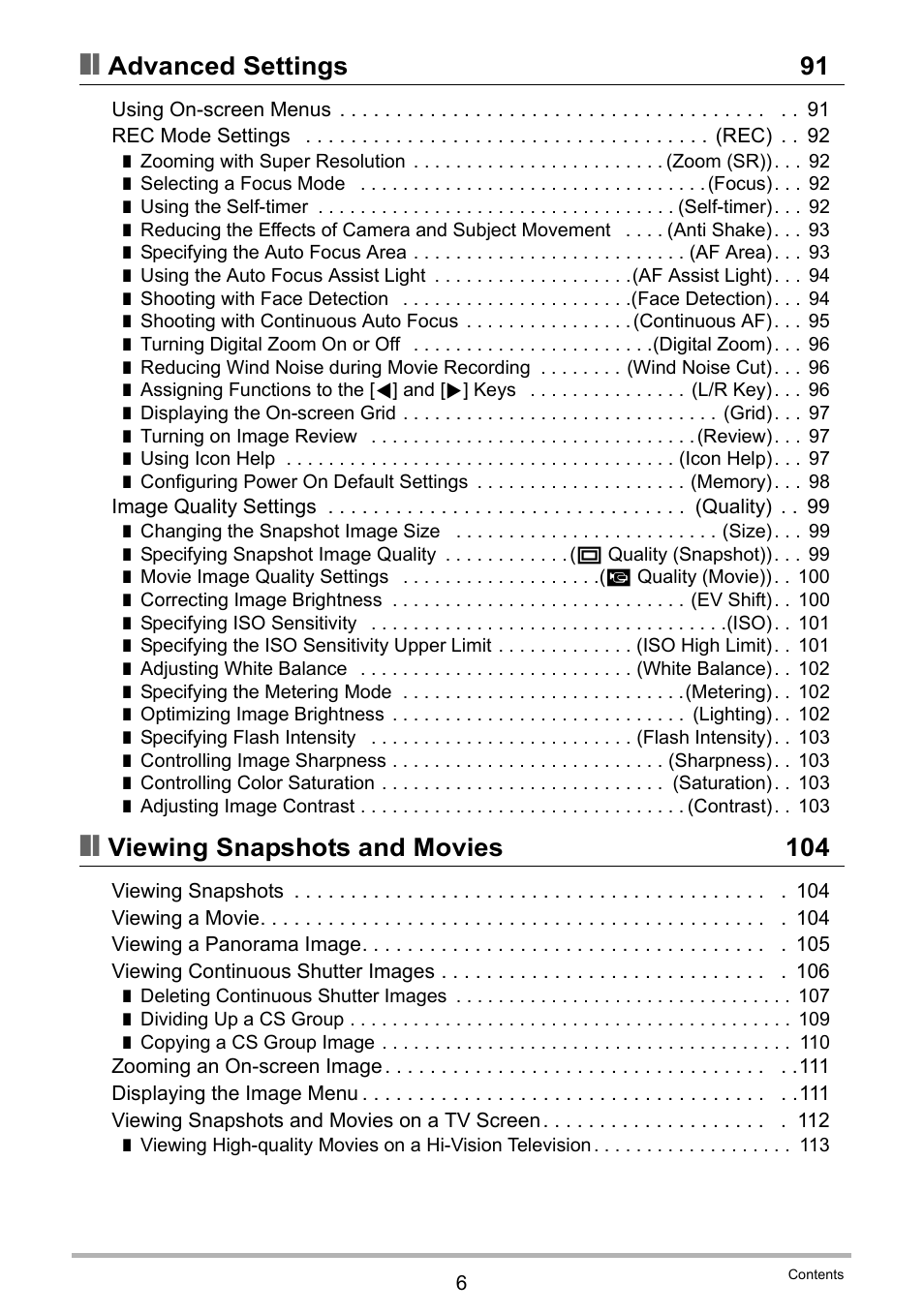 Advanced settings 91, Viewing snapshots and movies 104 | Casio EX-ZR300 User Manual | Page 6 / 197