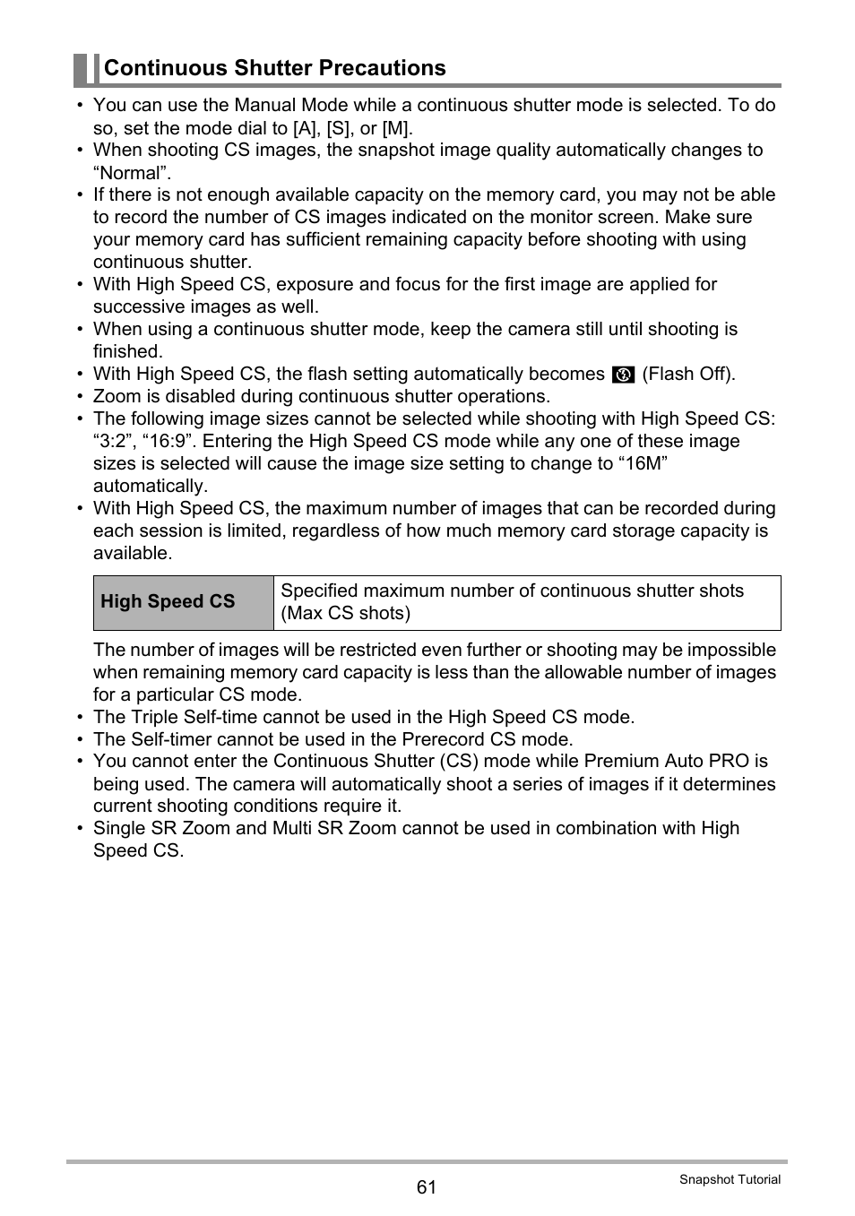 Continuous shutter precautions | Casio EX-ZR300 User Manual | Page 61 / 197