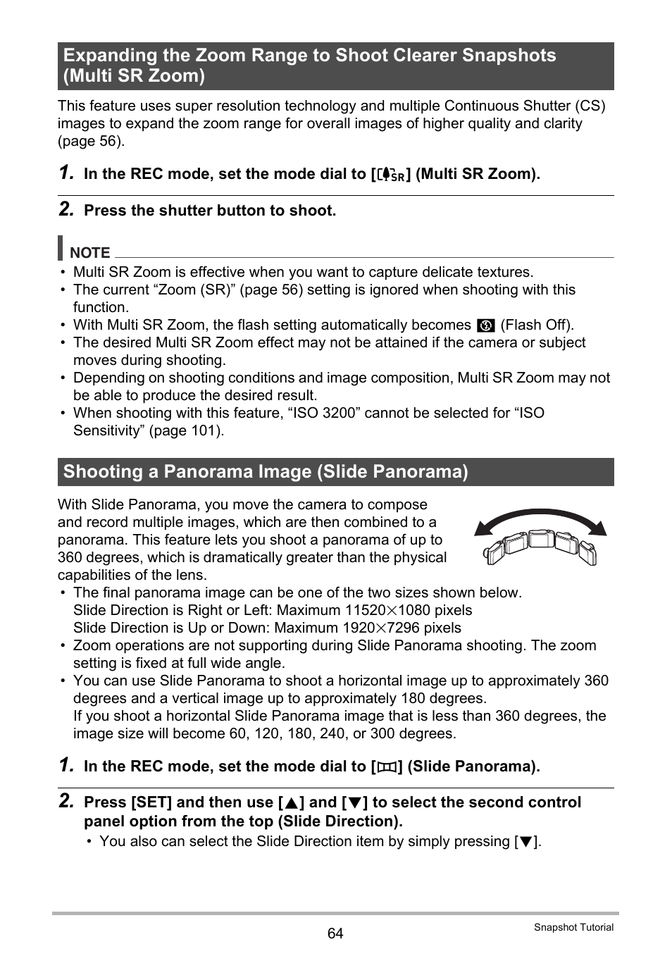 Shooting a panorama image (slide panorama) | Casio EX-ZR300 User Manual | Page 64 / 197