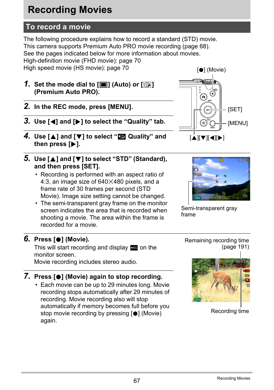 Recording movies, To record a movie | Casio EX-ZR300 User Manual | Page 67 / 197