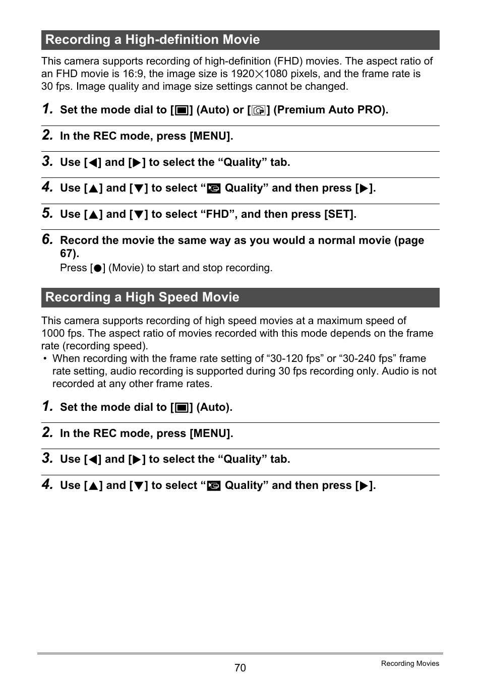 Recording a high-definition movie, Recording a high speed movie, Age 70 | Casio EX-ZR300 User Manual | Page 70 / 197