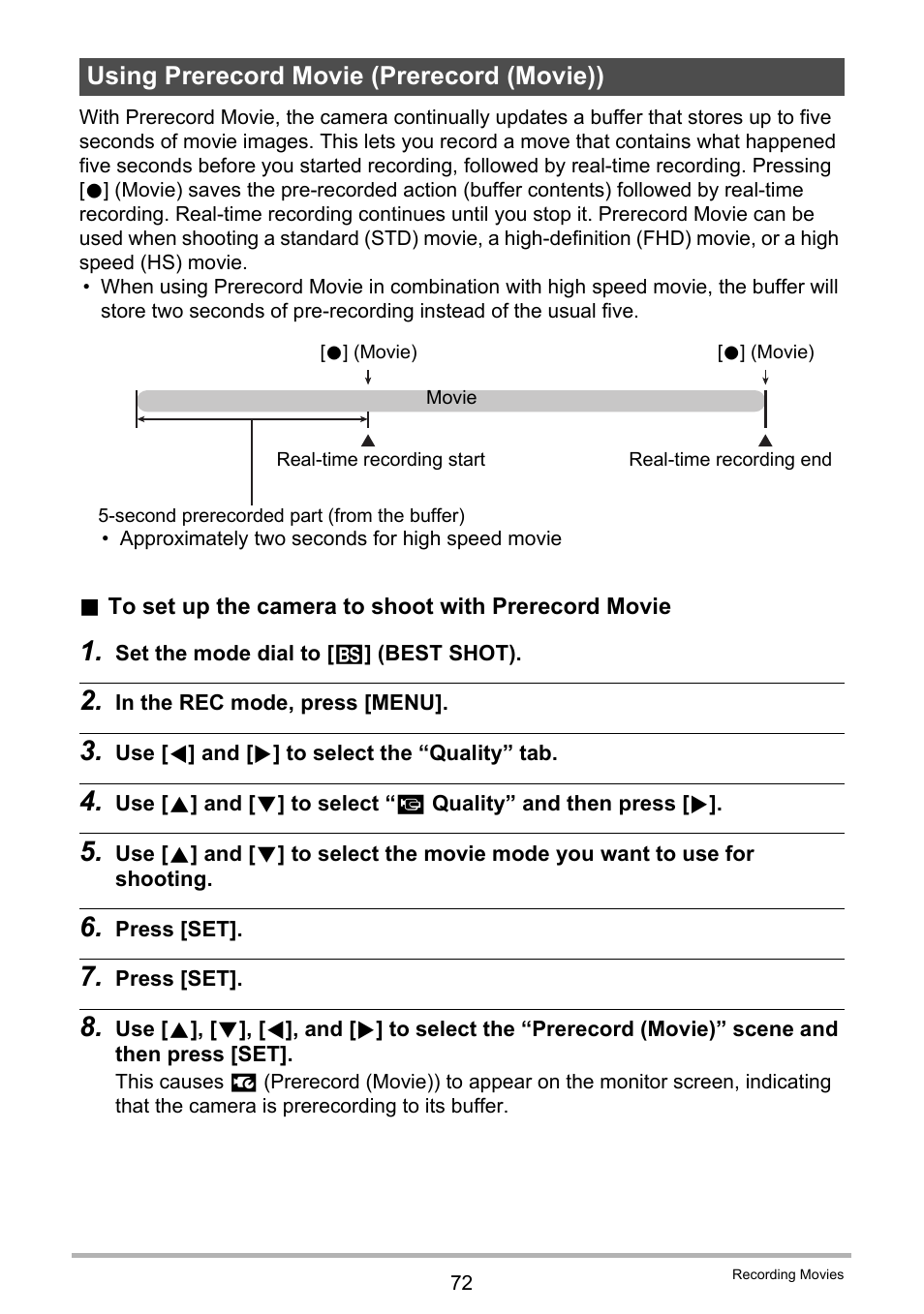 Using prerecord movie (prerecord (movie)) | Casio EX-ZR300 User Manual | Page 72 / 197