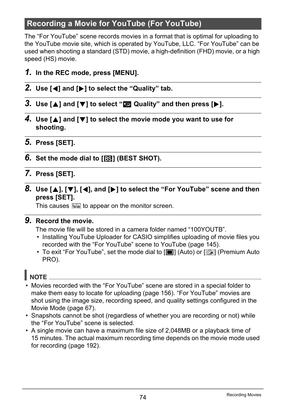 Recording a movie for youtube (for youtube) | Casio EX-ZR300 User Manual | Page 74 / 197
