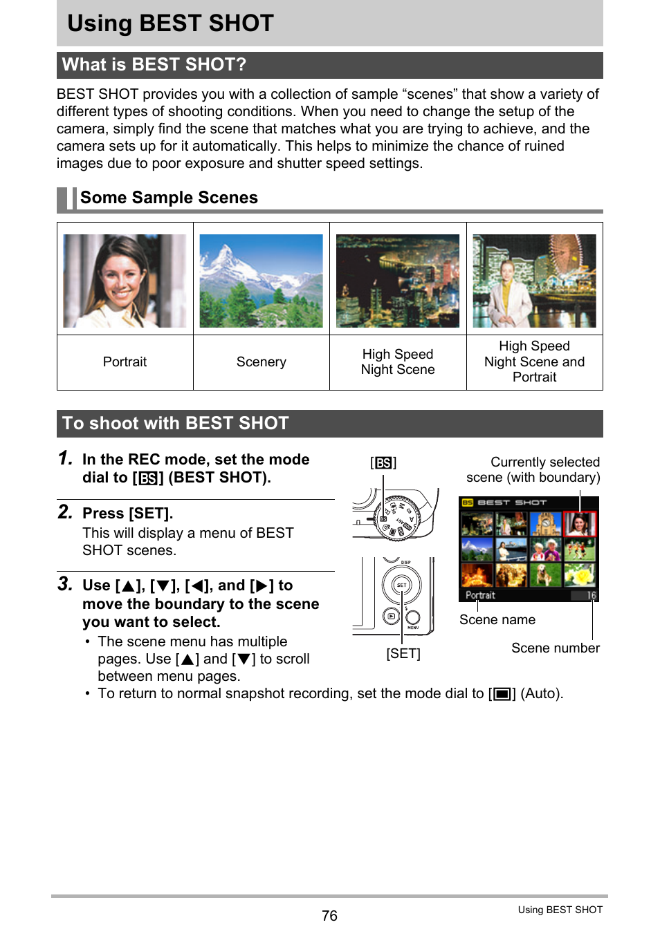Using best shot, What is best shot, Some sample scenes | To shoot with best shot, 76), you can sel | Casio EX-ZR300 User Manual | Page 76 / 197