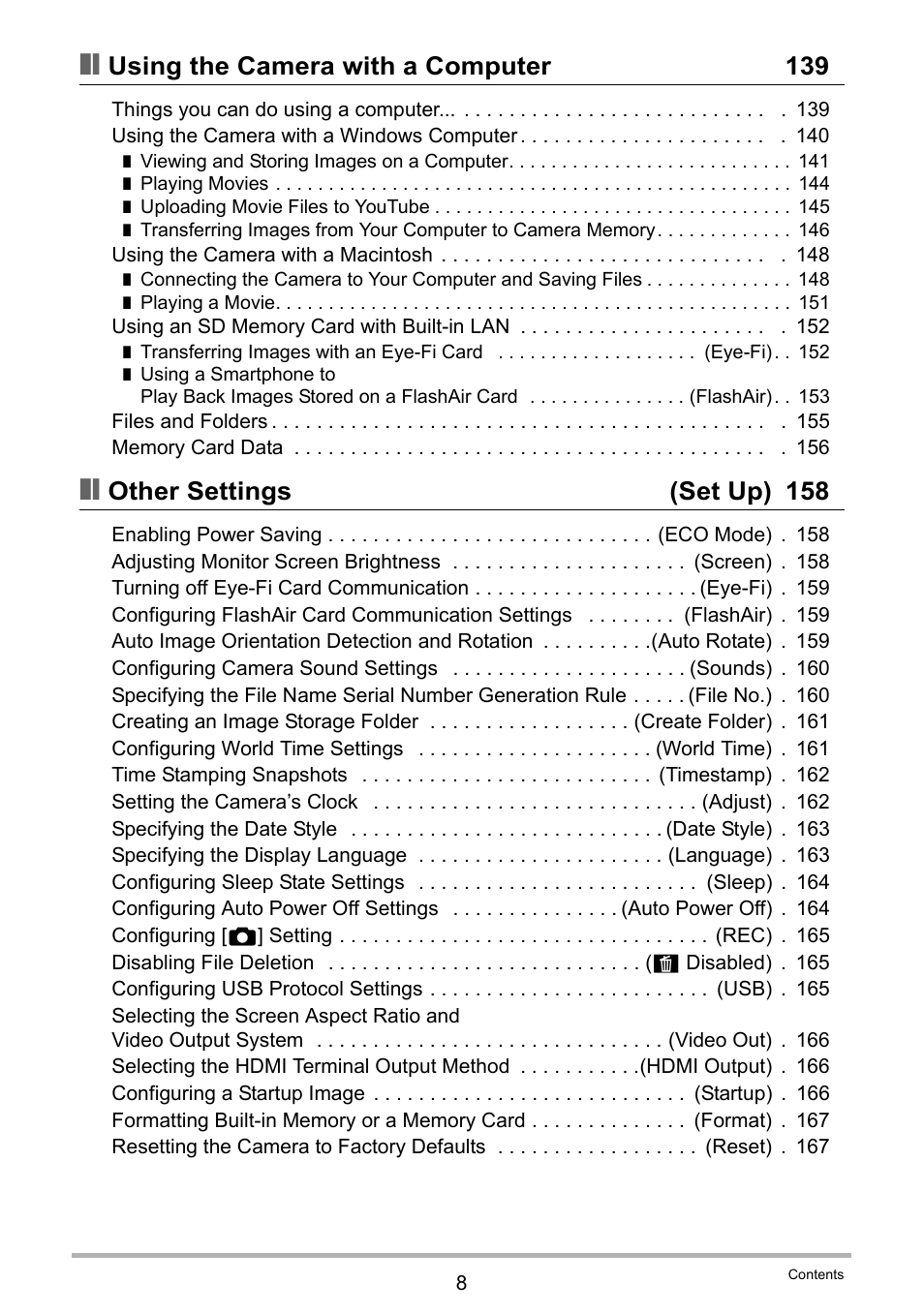 Using the camera with a computer 139, Other settings (set up) 158 | Casio EX-ZR300 User Manual | Page 8 / 197