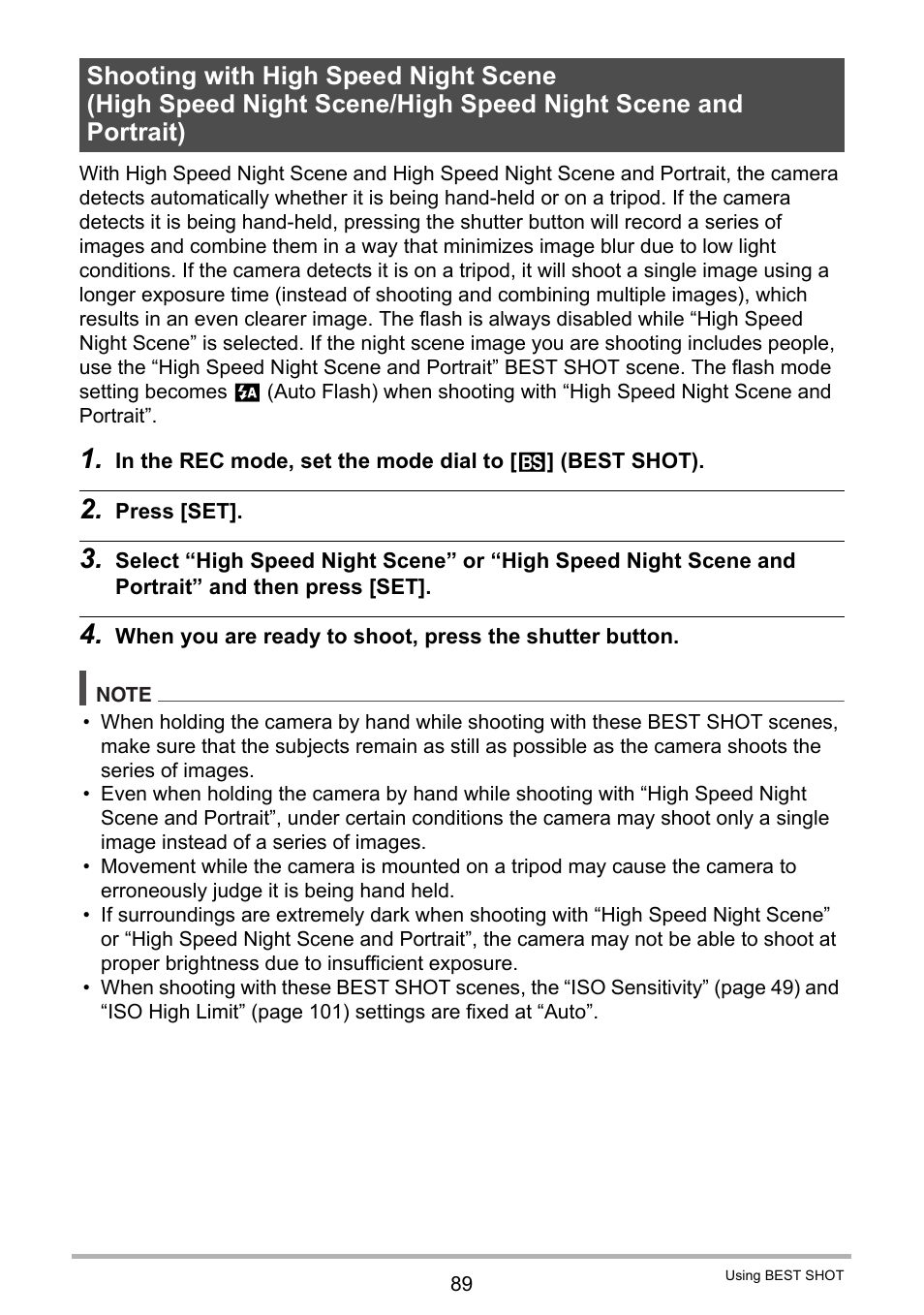 Shooting with high speed night scene | Casio EX-ZR300 User Manual | Page 89 / 197