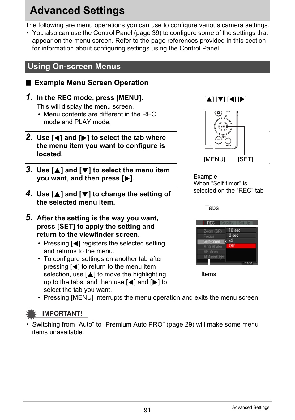 Advanced settings, Using on-screen menus | Casio EX-ZR300 User Manual | Page 91 / 197