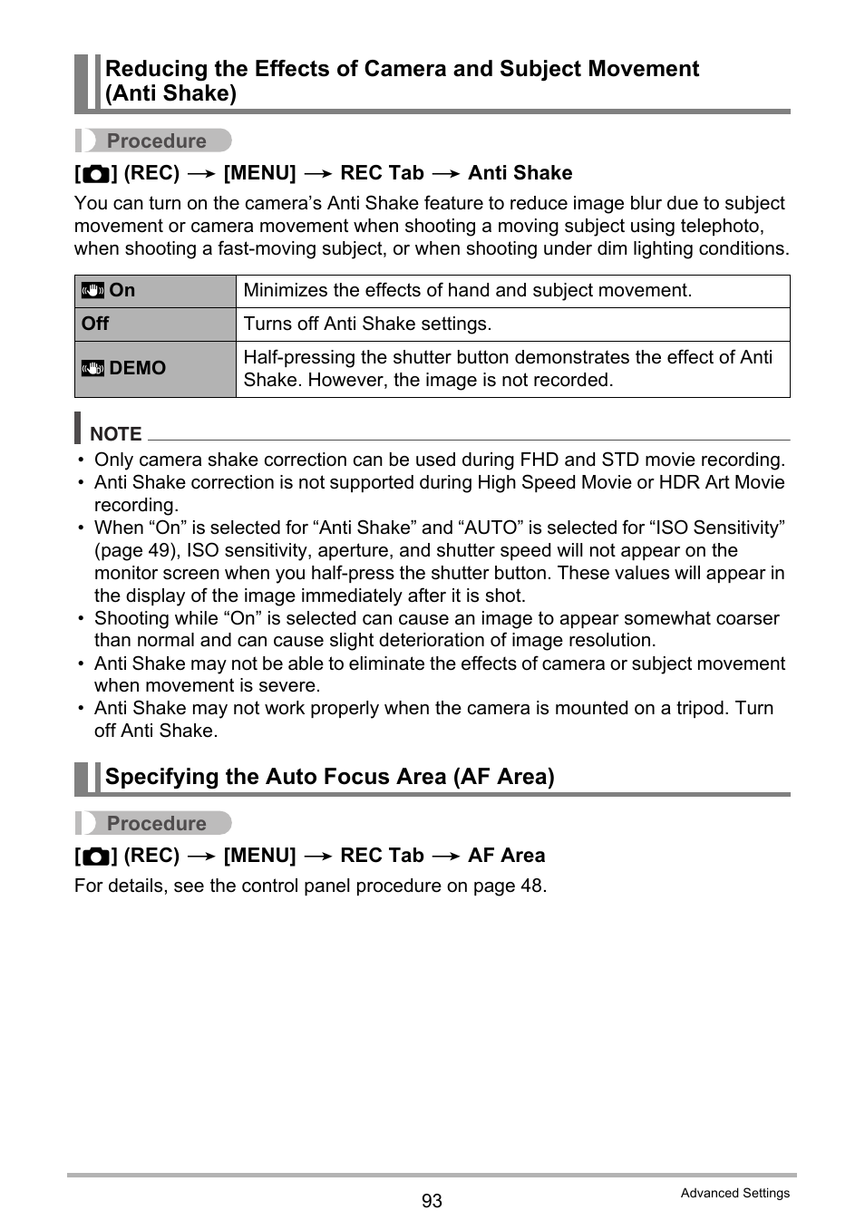 Specifying the auto focus area (af area) | Casio EX-ZR300 User Manual | Page 93 / 197