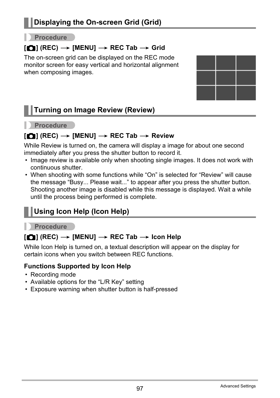 Displaying the on-screen grid (grid), Turning on image review (review), Using icon help (icon help) | Casio EX-ZR300 User Manual | Page 97 / 197