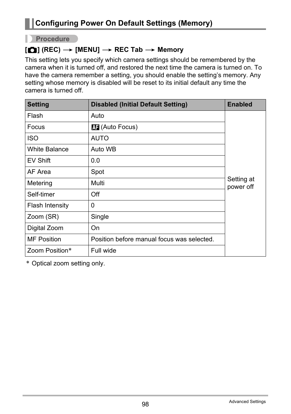 Configuring power on default settings (memory) | Casio EX-ZR300 User Manual | Page 98 / 197