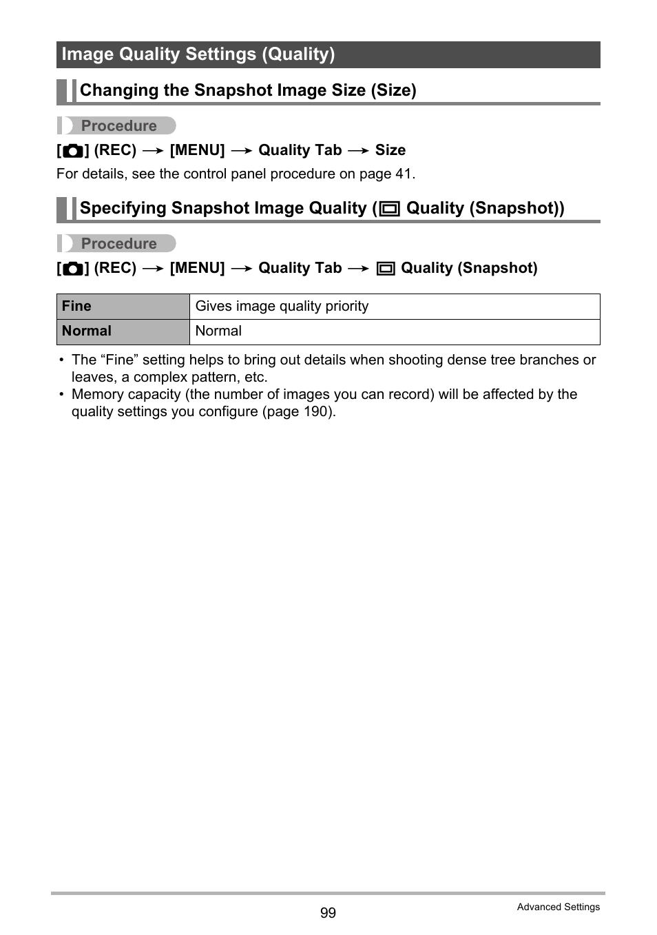 Image quality settings (quality), Changing the snapshot image size (size) | Casio EX-ZR300 User Manual | Page 99 / 197