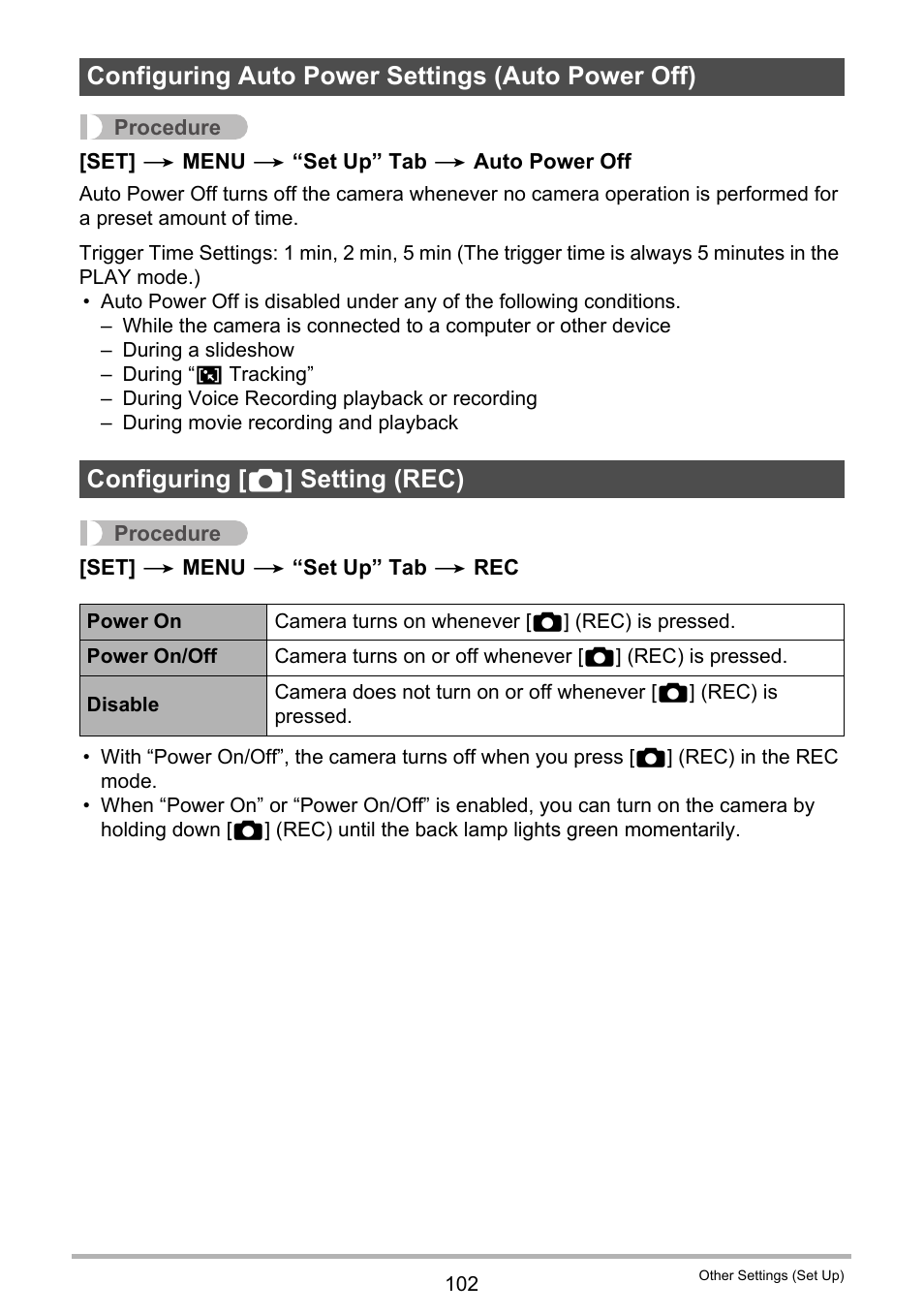 Configuring auto power settings (auto power off), Configuring [_] setting (rec) | Casio EX-ZS50 User Manual | Page 102 / 133