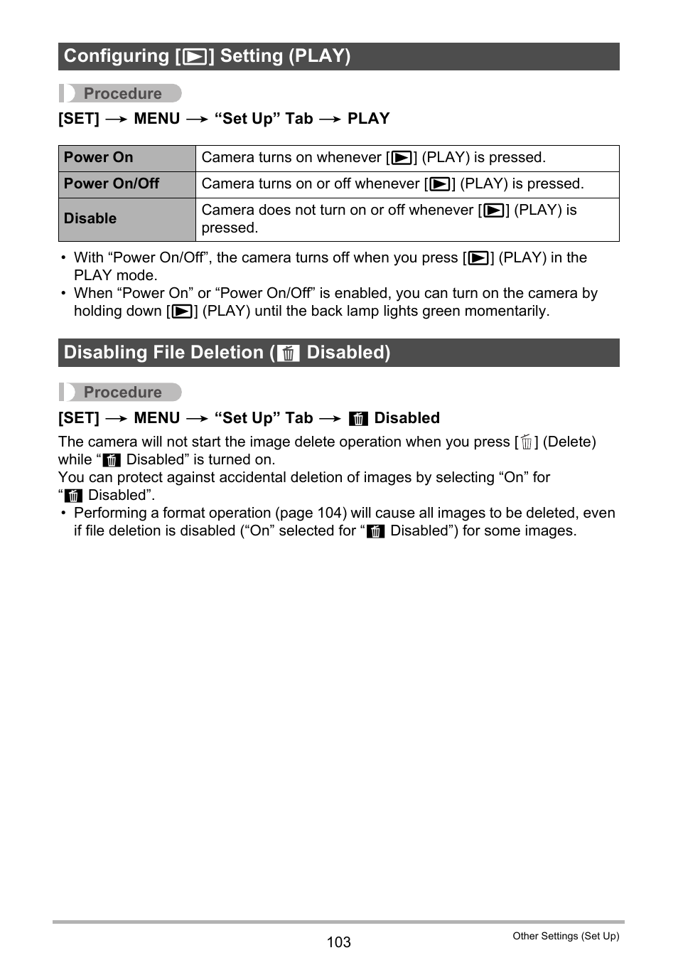 Configuring [>] setting (play), Disabling file deletion (_ disabled), Configuring [ p ] setting (play) | Disabling file deletion ( ü disabled) | Casio EX-ZS50 User Manual | Page 103 / 133