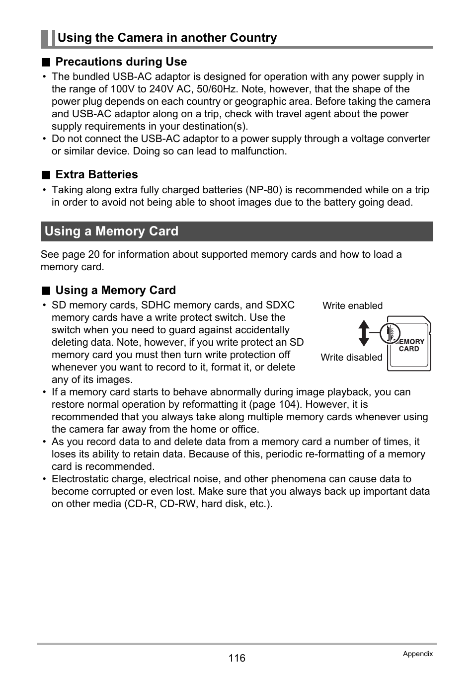 Using the camera in another country, Using a memory card | Casio EX-ZS50 User Manual | Page 116 / 133