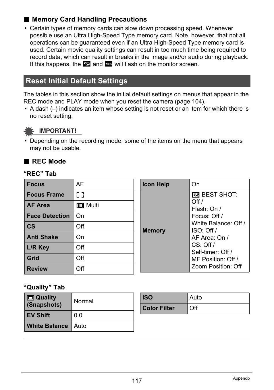 Reset initial default settings | Casio EX-ZS50 User Manual | Page 117 / 133