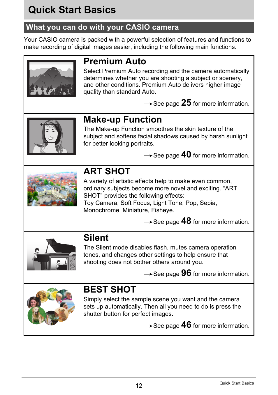 Quick start basics, What you can do with your casio camera, Premium auto | Make-up function, Art shot, Silent, Best shot | Casio EX-ZS50 User Manual | Page 12 / 133