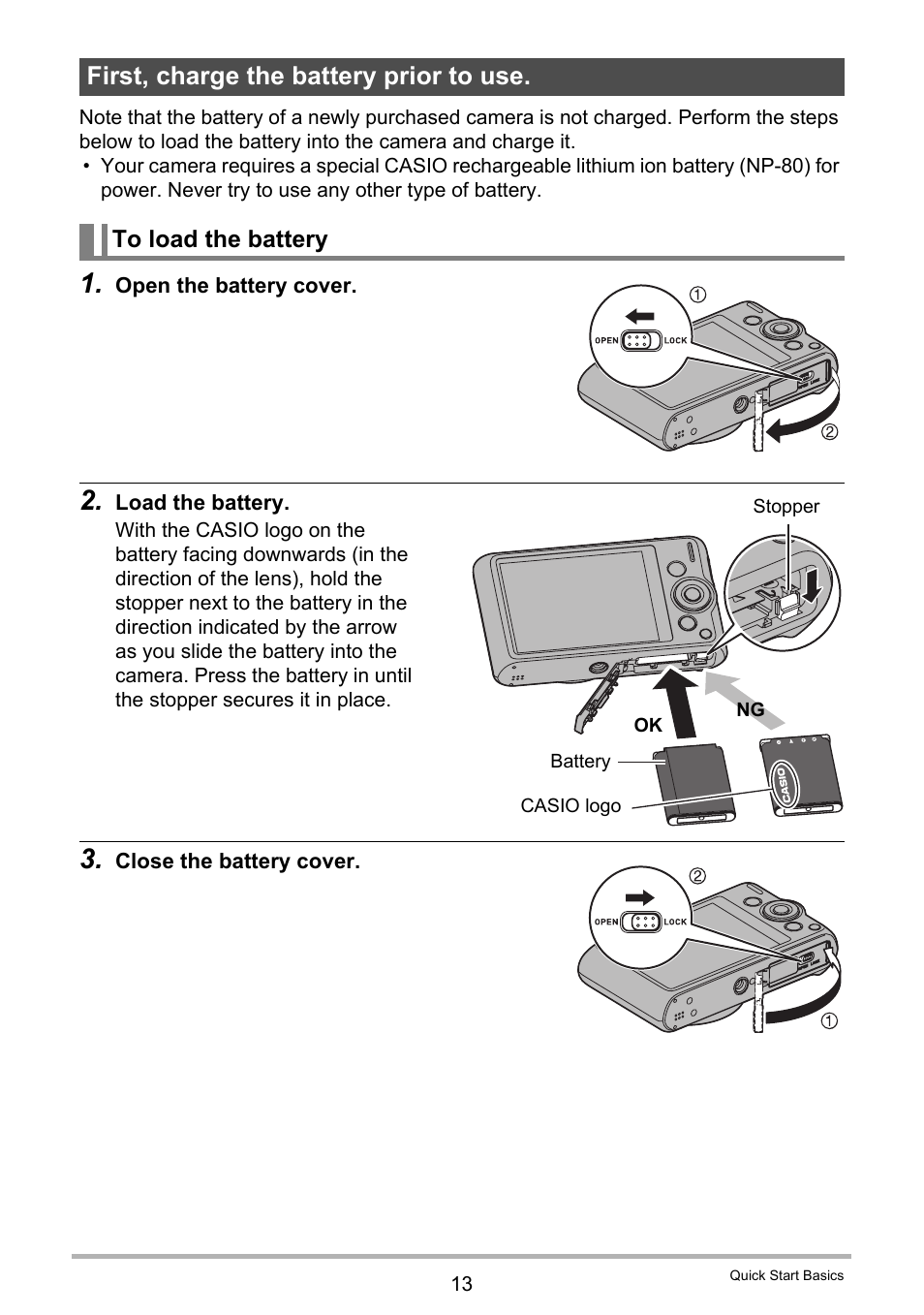 First, charge the battery prior to use, To load the battery | Casio EX-ZS50 User Manual | Page 13 / 133