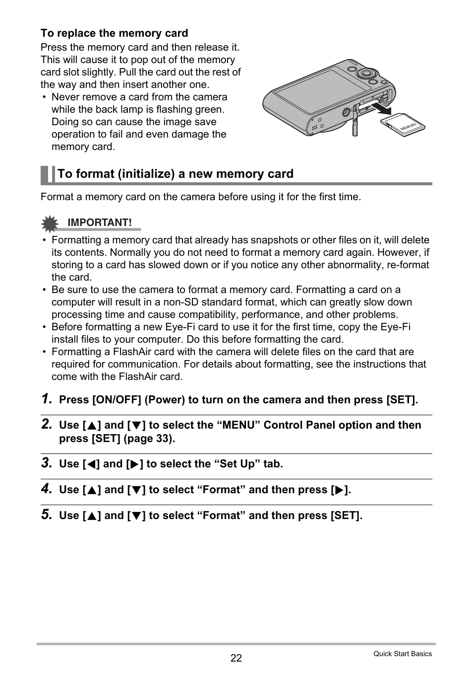 To format (initialize) a new memory card | Casio EX-ZS50 User Manual | Page 22 / 133