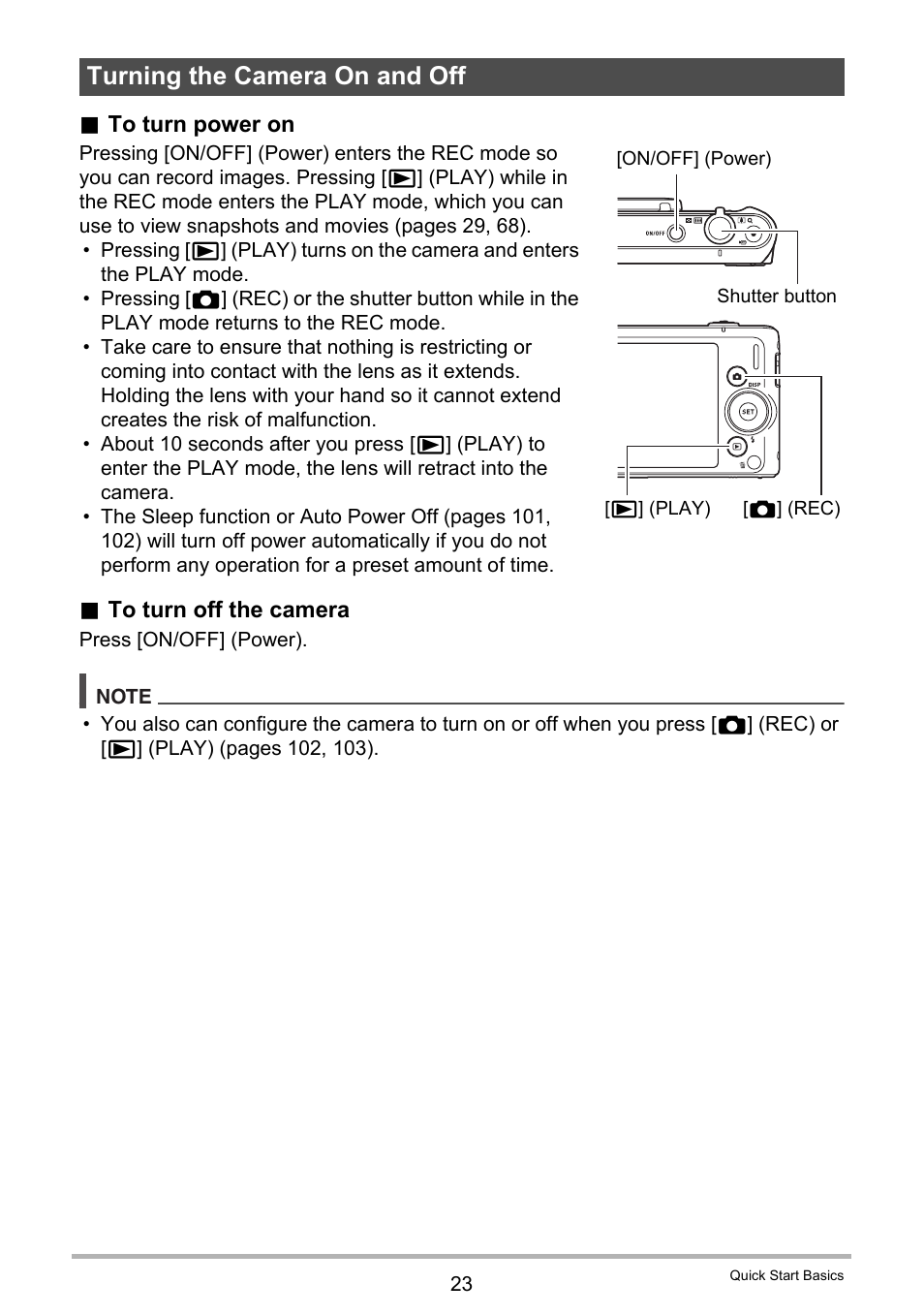 Turning the camera on and off | Casio EX-ZS50 User Manual | Page 23 / 133