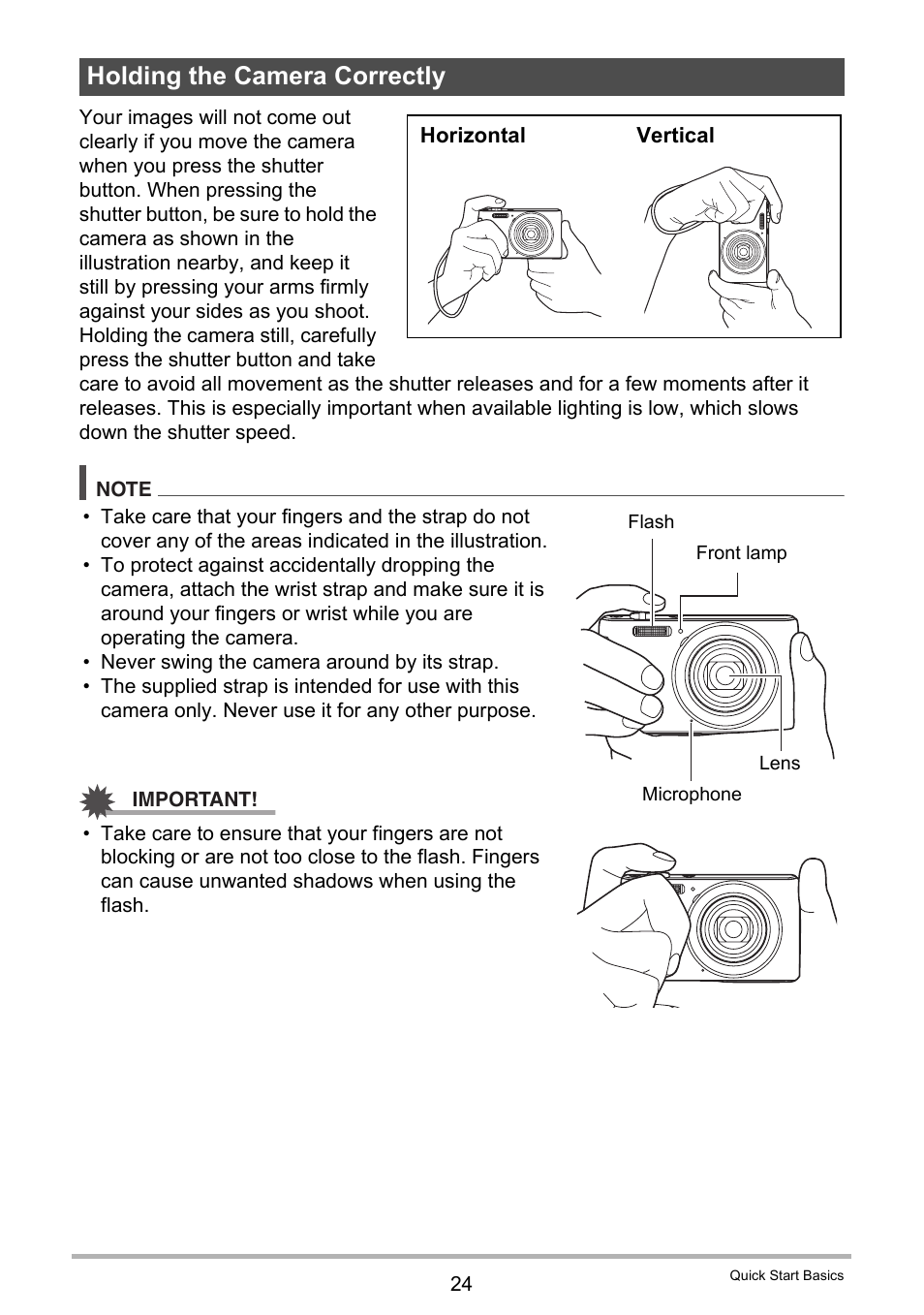 Holding the camera correctly | Casio EX-ZS50 User Manual | Page 24 / 133