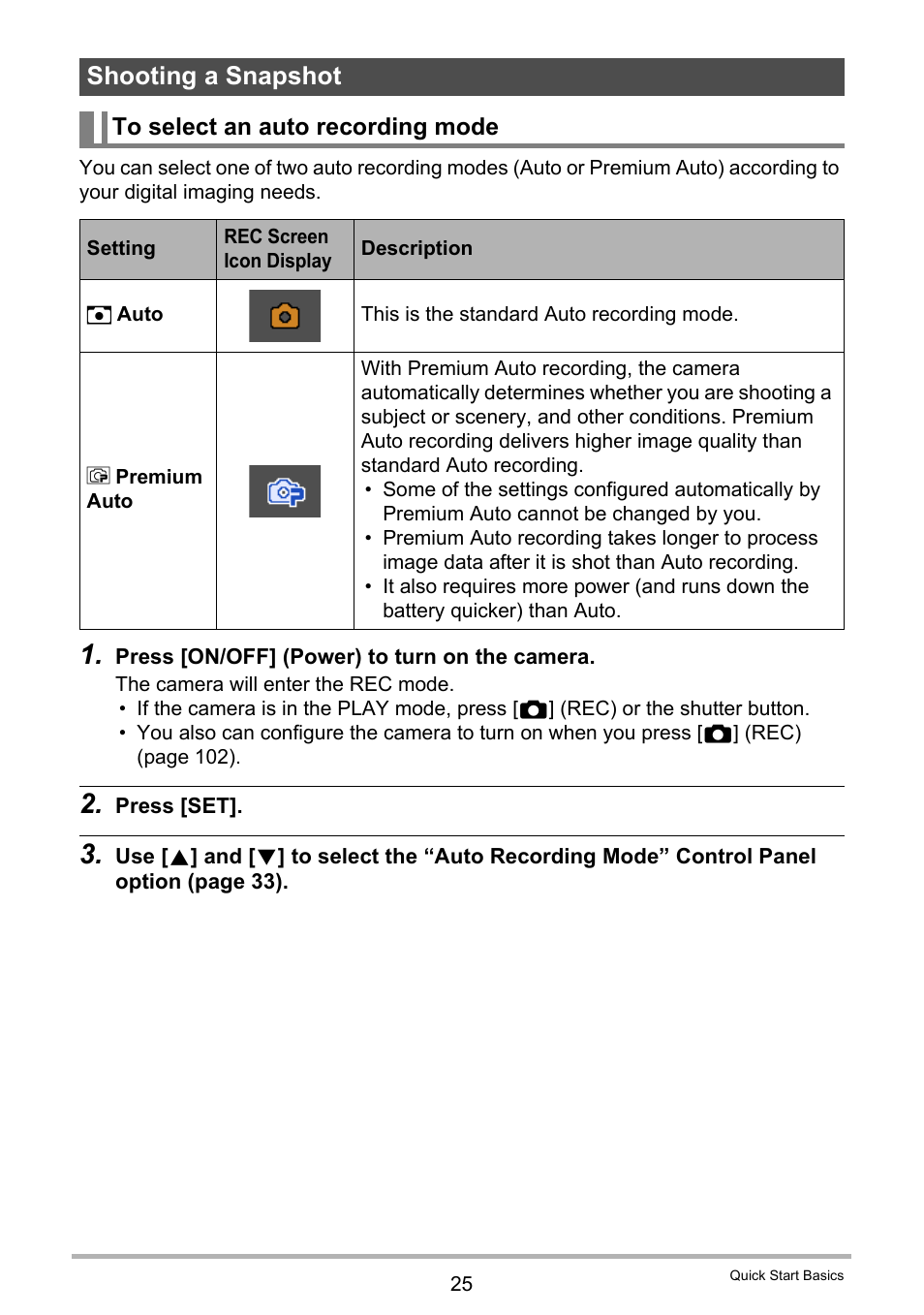 Shooting a snapshot, To select an auto recording mode | Casio EX-ZS50 User Manual | Page 25 / 133