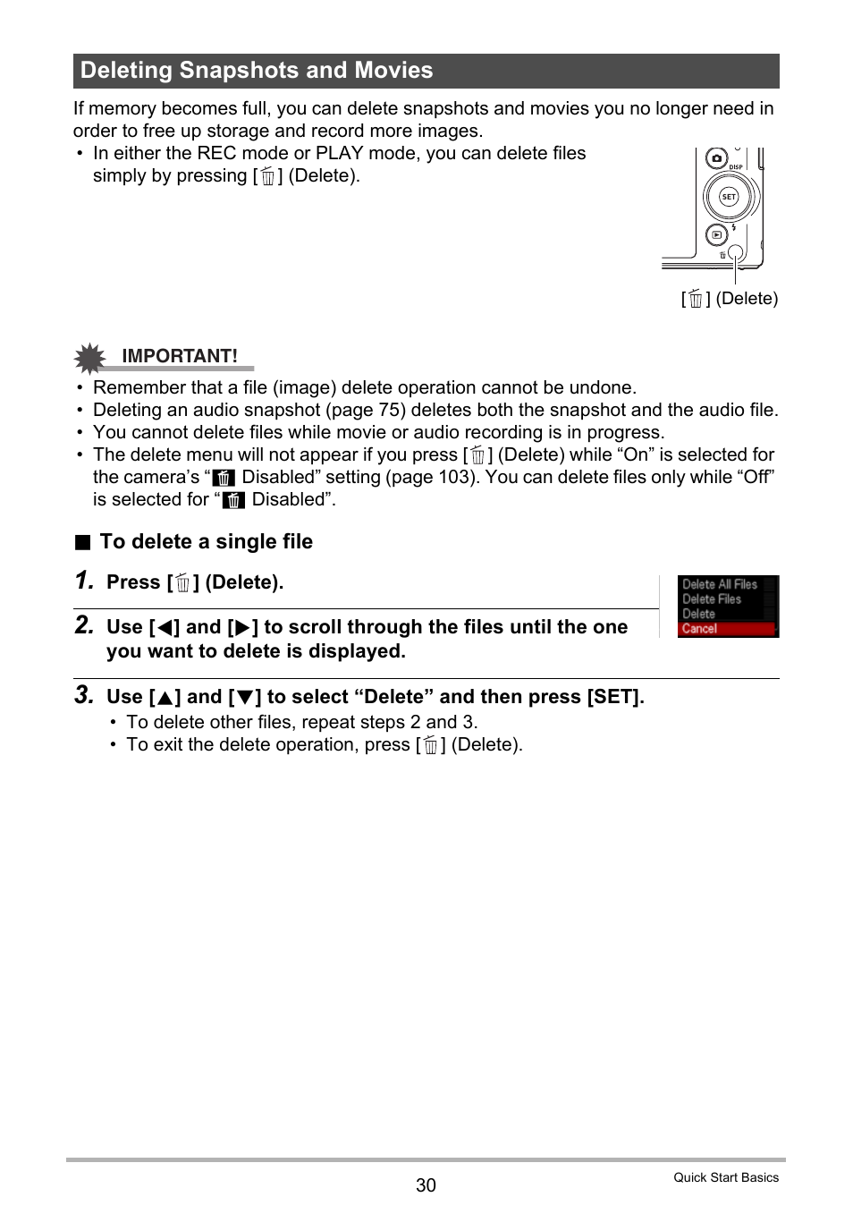 Deleting snapshots and movies | Casio EX-ZS50 User Manual | Page 30 / 133