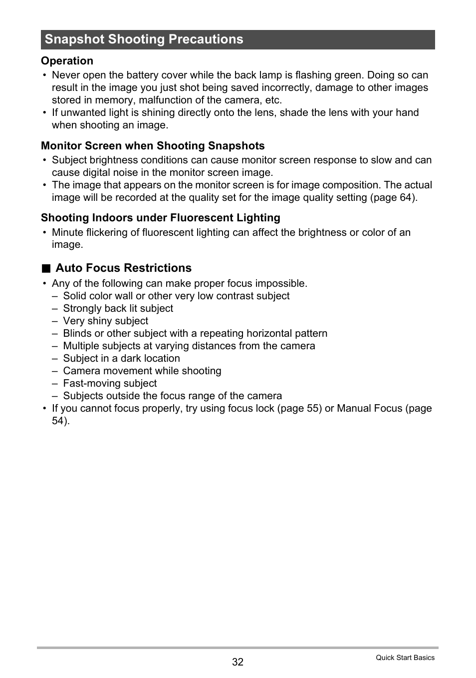 Snapshot shooting precautions | Casio EX-ZS50 User Manual | Page 32 / 133