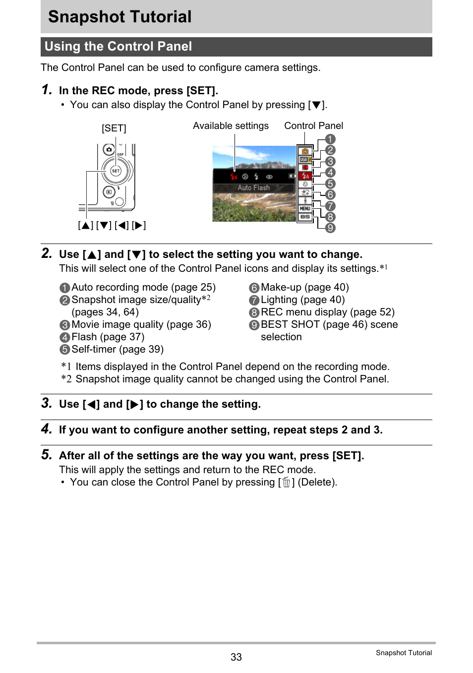 Snapshot tutorial, Using the control panel | Casio EX-ZS50 User Manual | Page 33 / 133