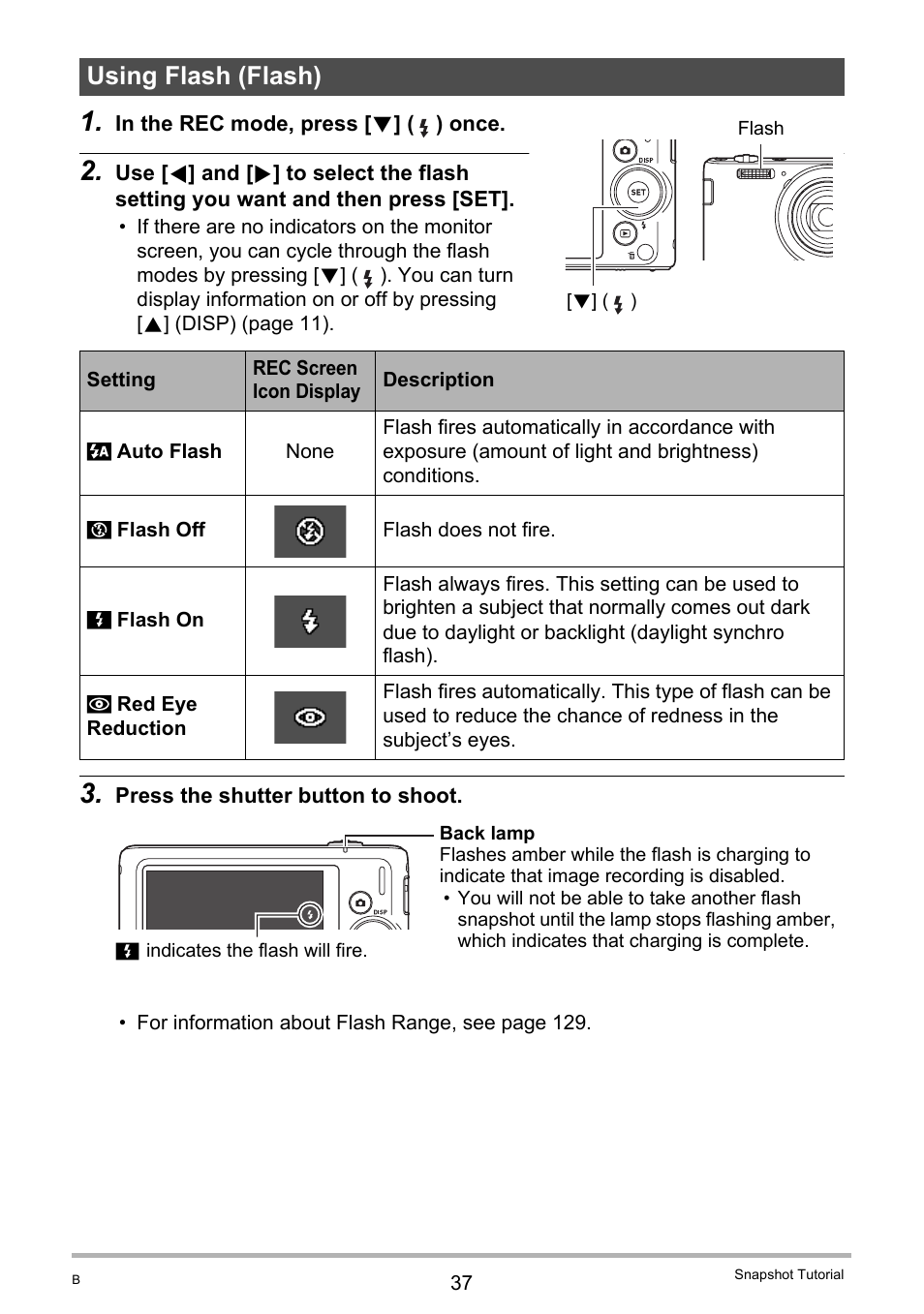 Using flash (flash) | Casio EX-ZS50 User Manual | Page 37 / 133